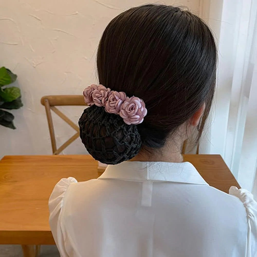 Rose Flower Hair Bun Net With Clip